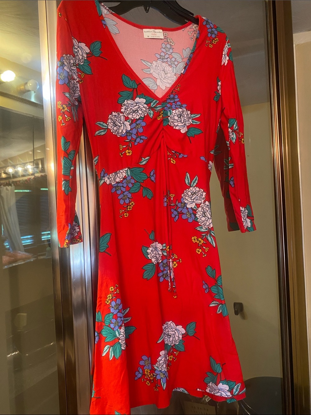 Bobbie Brooks Red Floral V-Neck Long Sleeve Midi Dress